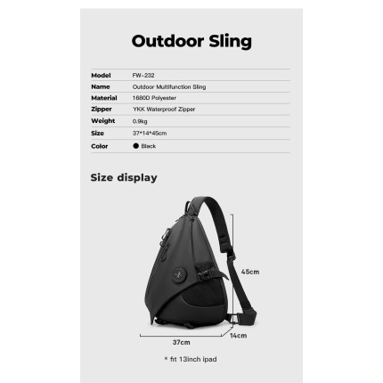 Bange® Τσαντάκι ώμου χιαστί στήθους Outdoor 23,0LT FW232 Μαύρο